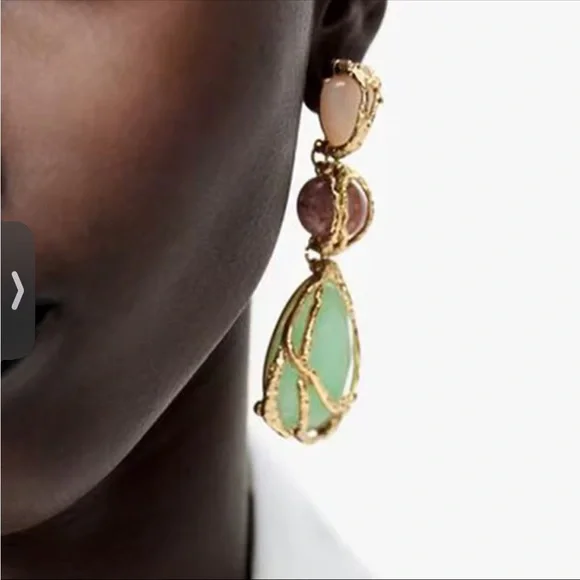 Zara Gold Green Stone Drop Earrings - Picture 4 of 10